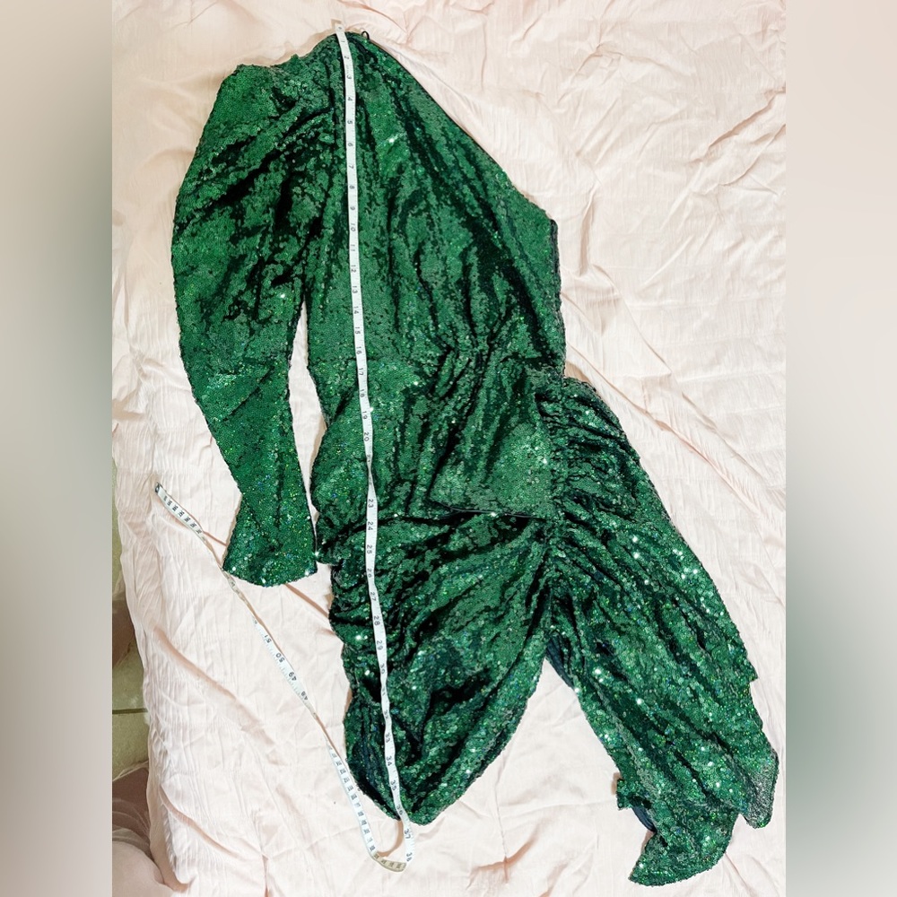 16Arlington One Sleeve Draped Sequined Tulle Mini Dress Green Size UK 8 US 4 - Picture 13 of 15